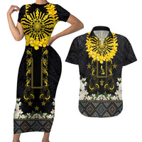 Flores de Mayo and Filipino Fiesta Couples Matching Short Sleeve Bodycon Dress and Hawaiian Shirt The Sun-Jasmine and Polynesian Yakan Tattoo Barong Style LT03 Black - Polynesian Pride