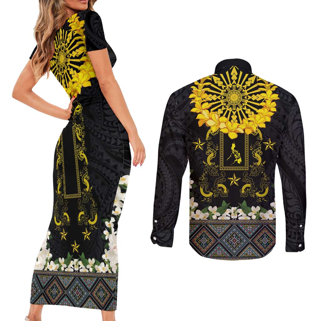 Flores de Mayo and Filipino Fiesta Couples Matching Short Sleeve Bodycon Dress and Long Sleeve Button Shirt The Sun-Jasmine and Polynesian Yakan Tattoo Barong Style LT03 - Polynesian Pride