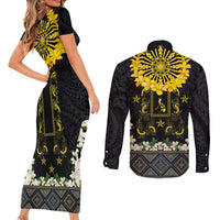 Flores de Mayo and Filipino Fiesta Couples Matching Short Sleeve Bodycon Dress and Long Sleeve Button Shirt The Sun-Jasmine and Polynesian Yakan Tattoo Barong Style LT03 - Polynesian Pride