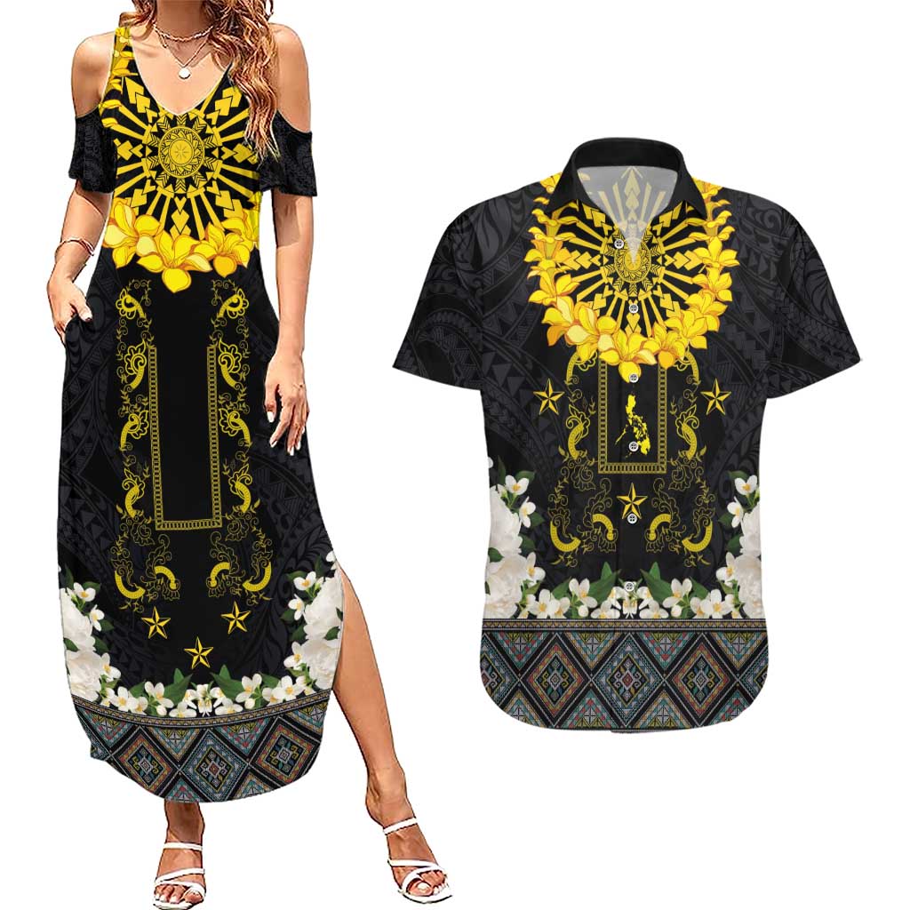 Flores de Mayo and Filipino Fiesta Couples Matching Summer Maxi Dress and Hawaiian Shirt The Sun-Jasmine and Polynesian Yakan Tattoo Barong Style LT03 Black - Polynesian Pride