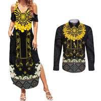 Flores de Mayo and Filipino Fiesta Couples Matching Summer Maxi Dress and Long Sleeve Button Shirt The Sun-Jasmine and Polynesian Yakan Tattoo Barong Style LT03 Black - Polynesian Pride