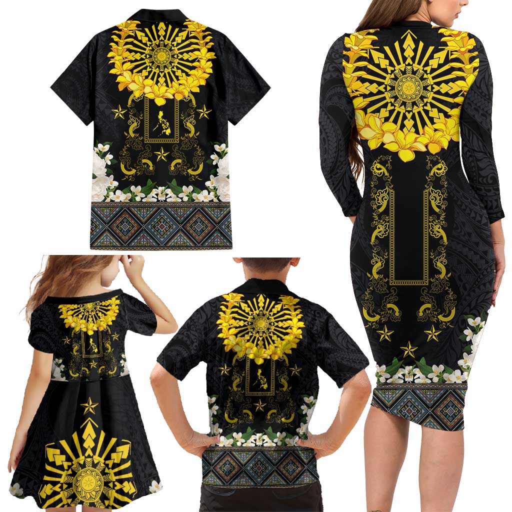 Flores de Mayo and Filipino Fiesta Family Matching Long Sleeve Bodycon Dress and Hawaiian Shirt The Sun-Jasmine and Polynesian Yakan Tattoo Barong Style LT03 - Polynesian Pride
