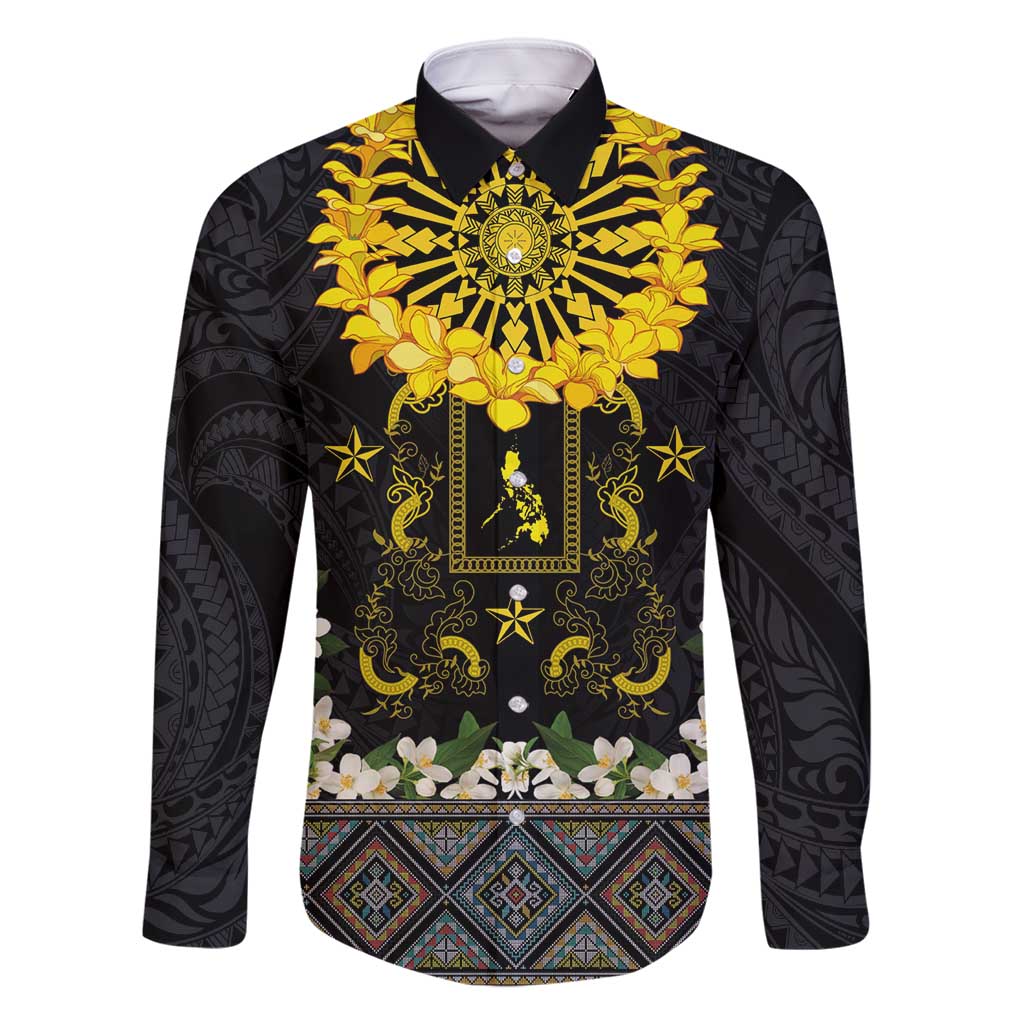 Flores de Mayo and Filipino Fiesta Family Matching Long Sleeve Bodycon Dress and Hawaiian Shirt The Sun-Jasmine and Polynesian Yakan Tattoo Barong Style LT03 Dad's Shirt - Long Sleeve Black - Polynesian Pride