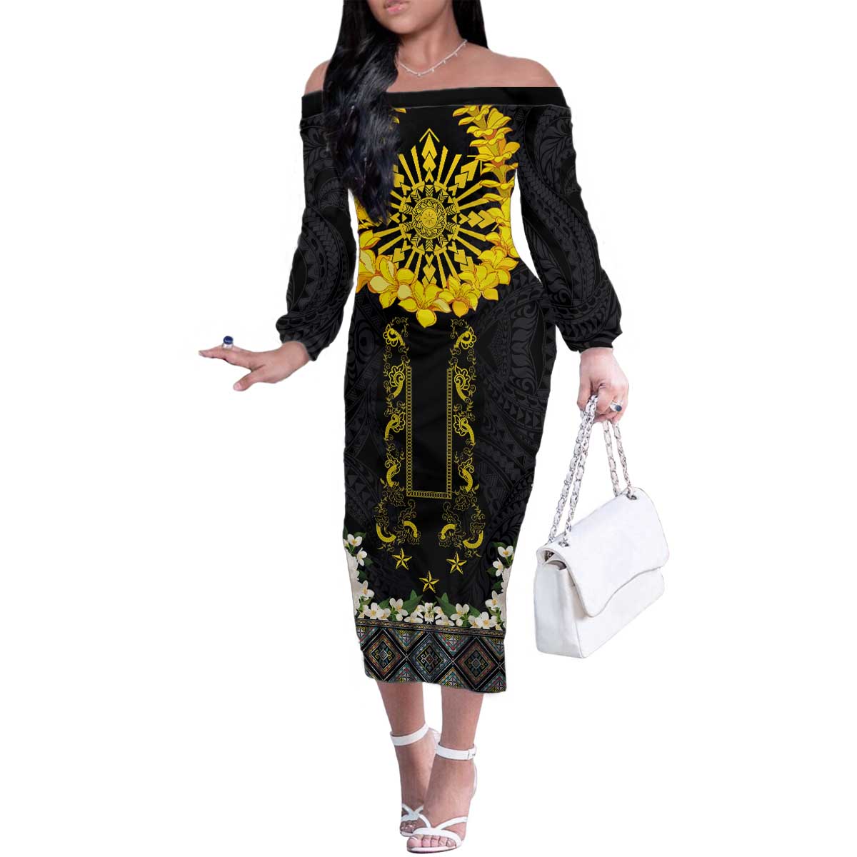 Flores de Mayo and Filipino Fiesta Family Matching Off The Shoulder Long Sleeve Dress and Hawaiian Shirt The Sun-Jasmine and Polynesian Yakan Tattoo Barong Style