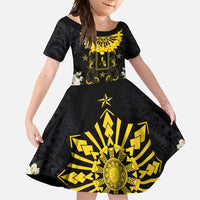 Flores de Mayo and Filipino Fiesta Family Matching Off Shoulder Maxi Dress and Hawaiian Shirt The Sun-Jasmine and Polynesian Yakan Tattoo Barong Style LT03 Daughter's Dress Black - Polynesian Pride