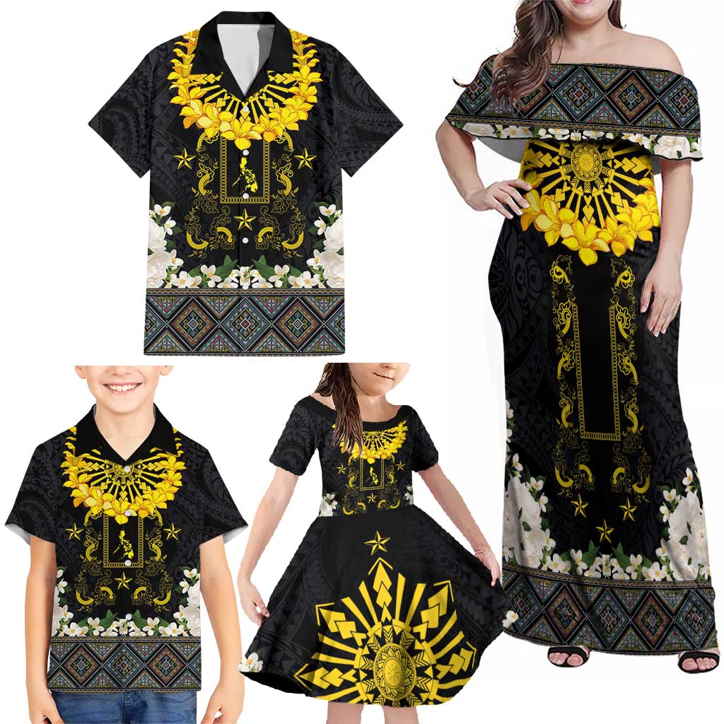 Flores de Mayo and Filipino Fiesta Family Matching Off Shoulder Maxi Dress and Hawaiian Shirt The Sun-Jasmine and Polynesian Yakan Tattoo Barong Style LT03 - Polynesian Pride