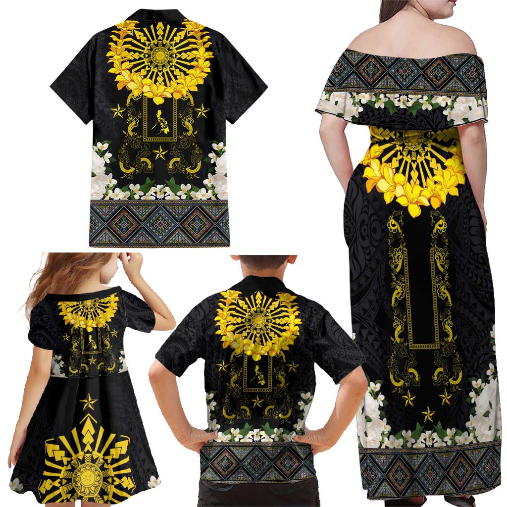 Flores de Mayo and Filipino Fiesta Family Matching Off Shoulder Maxi Dress and Hawaiian Shirt The Sun-Jasmine and Polynesian Yakan Tattoo Barong Style LT03 - Polynesian Pride