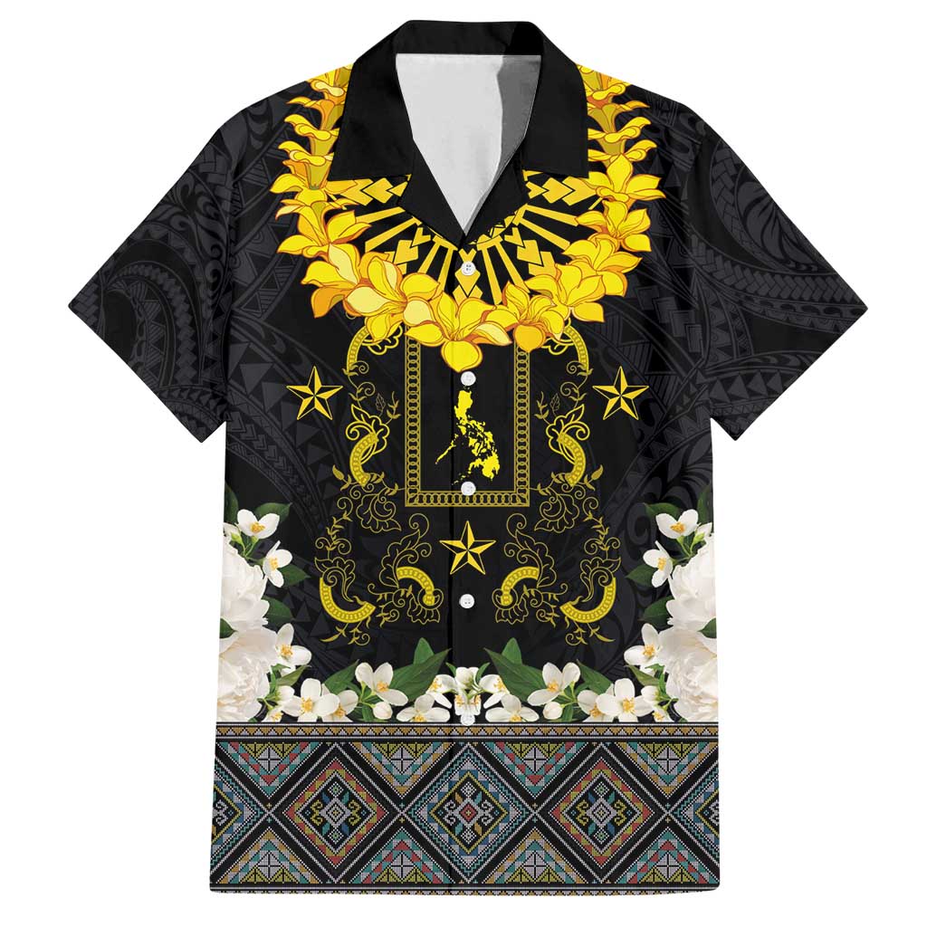 Flores de Mayo and Filipino Fiesta Family Matching Off Shoulder Maxi Dress and Hawaiian Shirt The Sun-Jasmine and Polynesian Yakan Tattoo Barong Style LT03 Dad's Shirt - Short Sleeve Black - Polynesian Pride