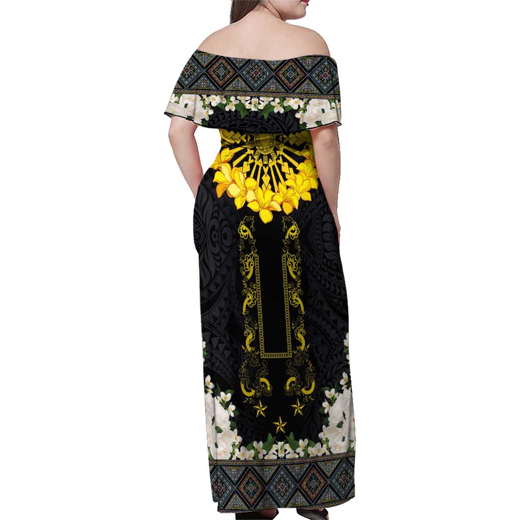 Flores de Mayo and Filipino Fiesta Family Matching Off Shoulder Maxi Dress and Hawaiian Shirt The Sun-Jasmine and Polynesian Yakan Tattoo Barong Style LT03 - Polynesian Pride