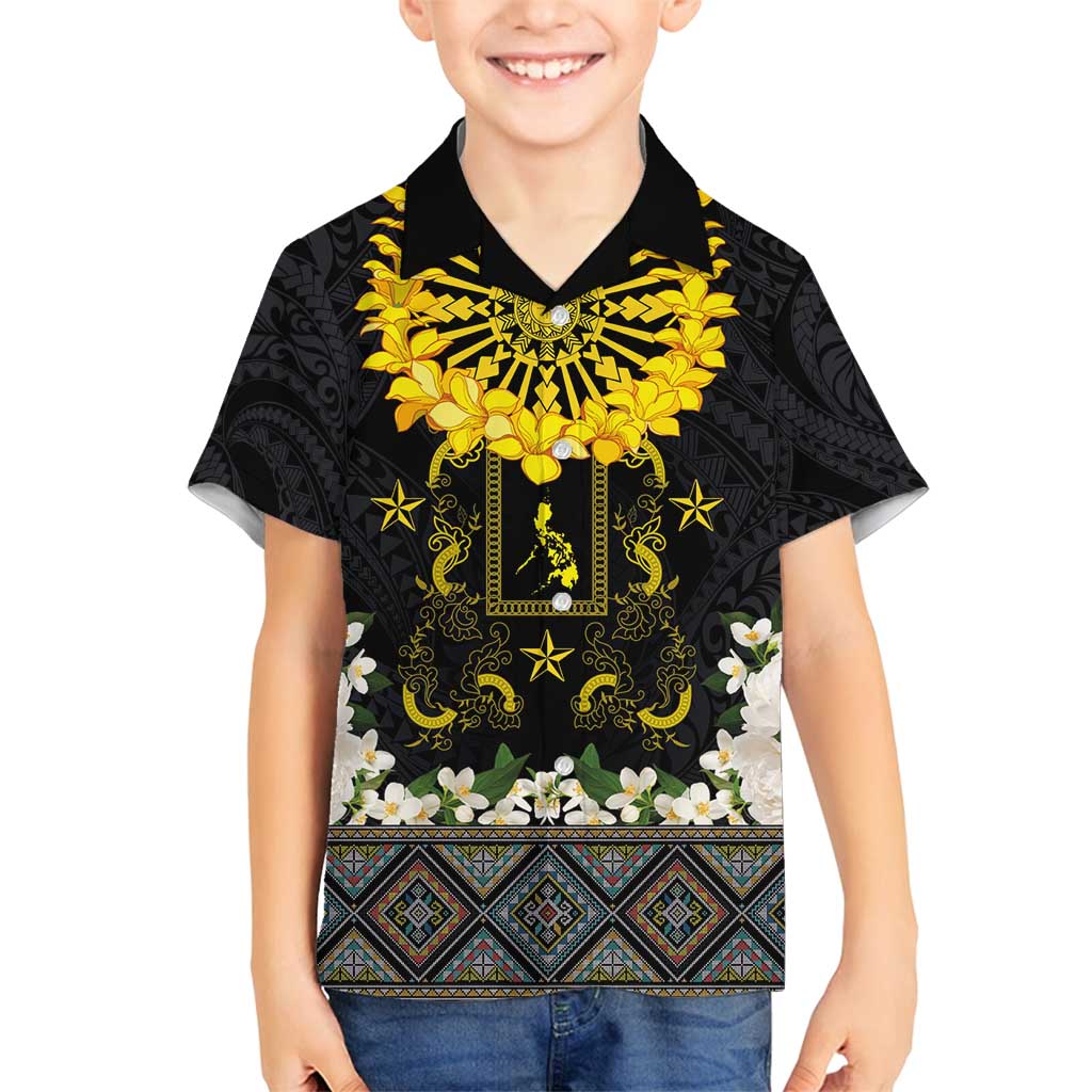 Flores de Mayo and Filipino Fiesta Family Matching Off Shoulder Short Dress and Hawaiian Shirt The Sun-Jasmine and Polynesian Yakan Tattoo Barong Style LT03 Son's Shirt Black - Polynesian Pride