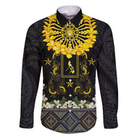 Flores de Mayo and Filipino Fiesta Family Matching Puletasi and Hawaiian Shirt The Sun-Jasmine and Polynesian Yakan Tattoo Barong Style LT03 Dad's Shirt - Long Sleeve Black - Polynesian Pride