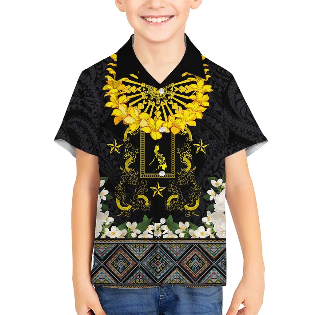 Flores de Mayo and Filipino Fiesta Family Matching Short Sleeve Bodycon Dress and Hawaiian Shirt The Sun-Jasmine and Polynesian Yakan Tattoo Barong Style LT03 Son's Shirt Black - Polynesian Pride