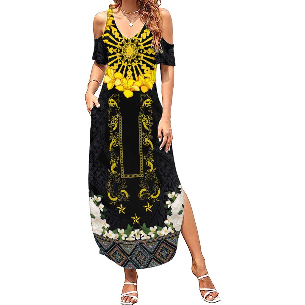Flores de Mayo and Filipino Fiesta Family Matching Summer Maxi Dress and Hawaiian Shirt The Sun-Jasmine and Polynesian Yakan Tattoo Barong Style LT03 Mom's Dress Black - Polynesian Pride