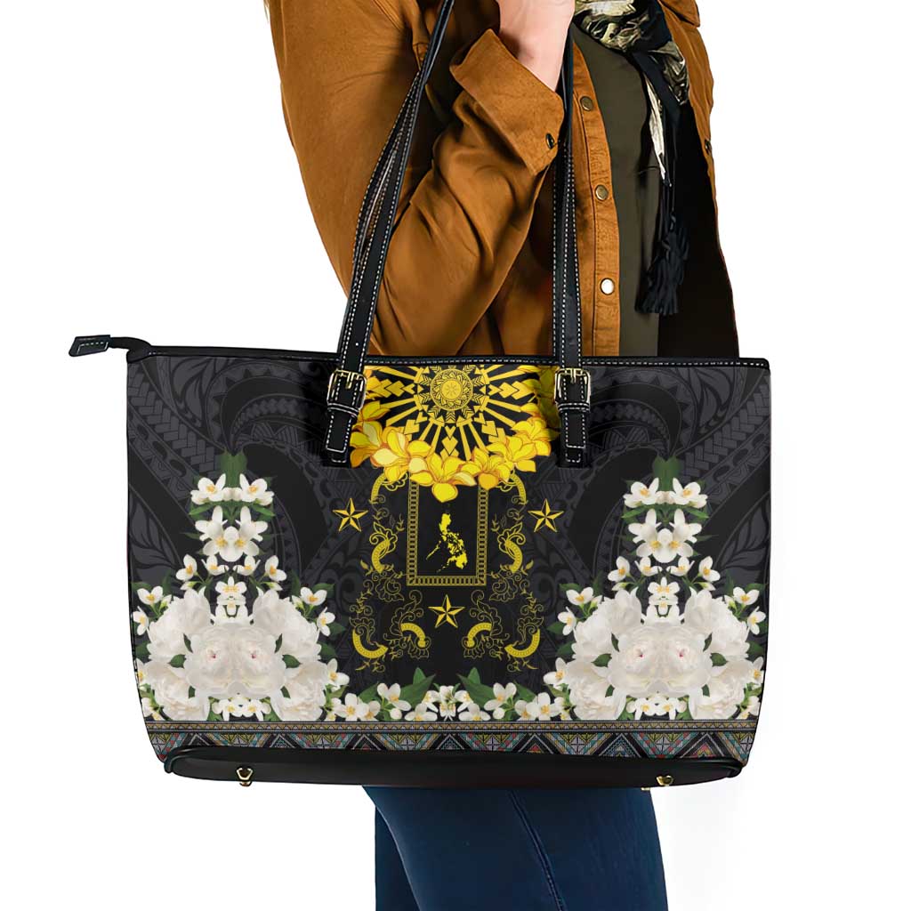Flores de Mayo and Filipino Fiesta Leather Tote Bag The Sun-Jasmine and Polynesian Yakan Tattoo Barong Style LT03 - Polynesian Pride