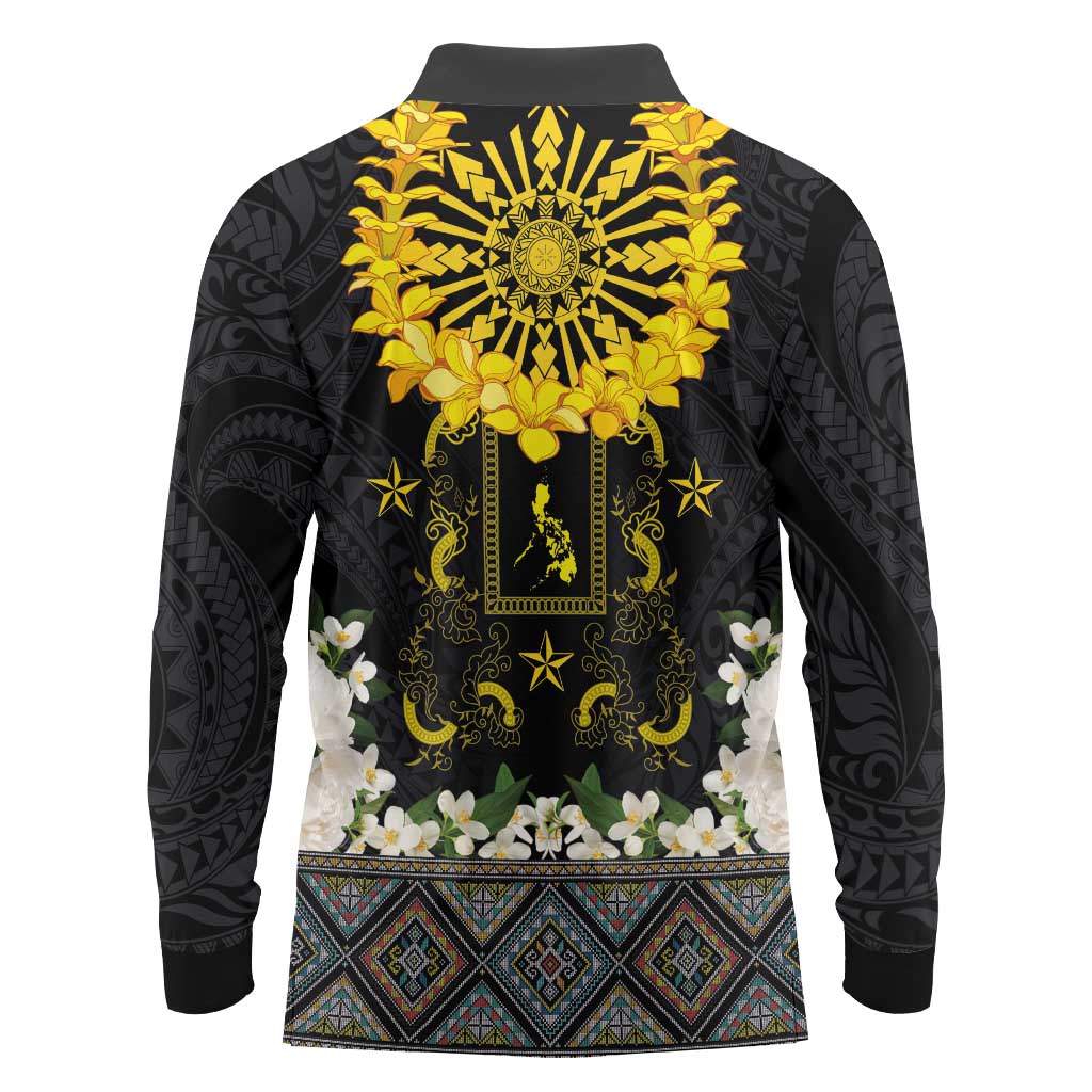 Flores de Mayo and Filipino Fiesta Long Sleeve Polo Shirt The Sun-Jasmine and Polynesian Yakan Tattoo Barong Style LT03 - Polynesian Pride