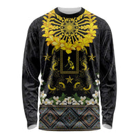 Flores de Mayo and Filipino Fiesta Long Sleeve Shirt The Sun-Jasmine and Polynesian Yakan Tattoo Barong Style LT03 Unisex Black - Polynesian Pride