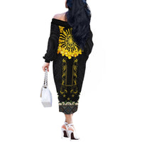Flores de Mayo and Filipino Fiesta Off The Shoulder Long Sleeve Dress The Sun-Jasmine and Polynesian Yakan Tattoo Barong Style