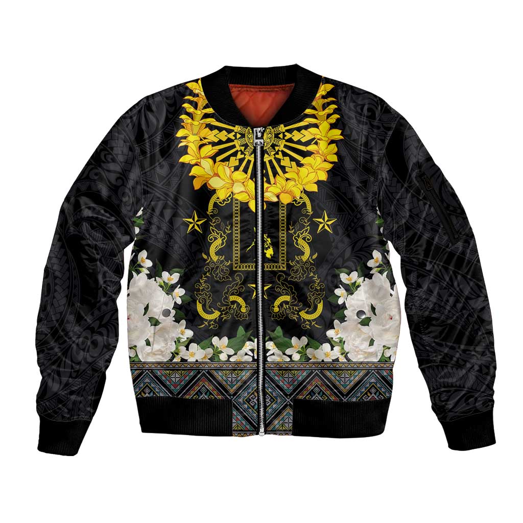 Flores de Mayo and Filipino Fiesta Sleeve Zip Bomber Jacket The Sun-Jasmine and Polynesian Yakan Tattoo Barong Style