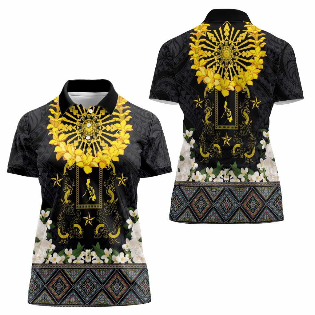 Flores de Mayo and Filipino Fiesta Women Polo Shirt The Sun-Jasmine and Polynesian Yakan Tattoo Barong Style