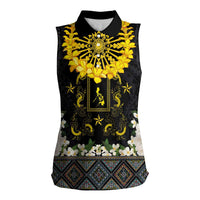 Flores de Mayo and Filipino Fiesta Women Sleeveless Polo Shirt The Sun-Jasmine and Polynesian Yakan Tattoo Barong Style LT03 Female Black - Polynesian Pride