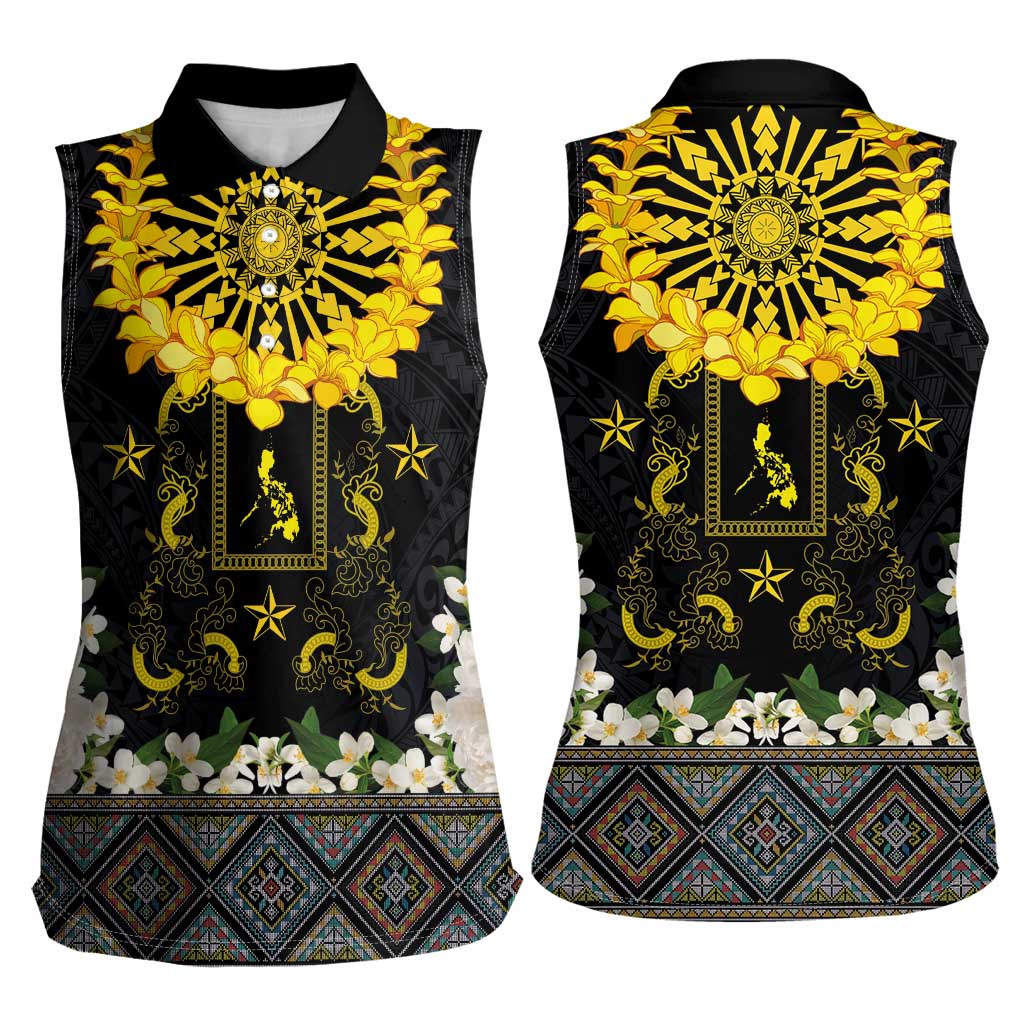 Flores de Mayo and Filipino Fiesta Women Sleeveless Polo Shirt The Sun-Jasmine and Polynesian Yakan Tattoo Barong Style LT03 - Polynesian Pride