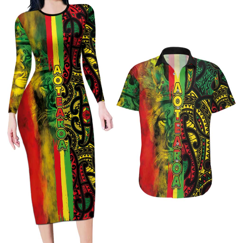 Aotearoa Reggae Couples Matching Long Sleeve Bodycon Dress and Hawaiian Shirt Maori Reggae-One Love LT03 Reggae - Polynesian Pride