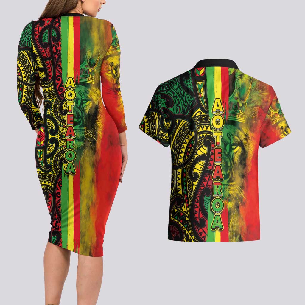 Aotearoa Reggae Couples Matching Long Sleeve Bodycon Dress and Hawaiian Shirt Maori Reggae-One Love LT03 - Polynesian Pride