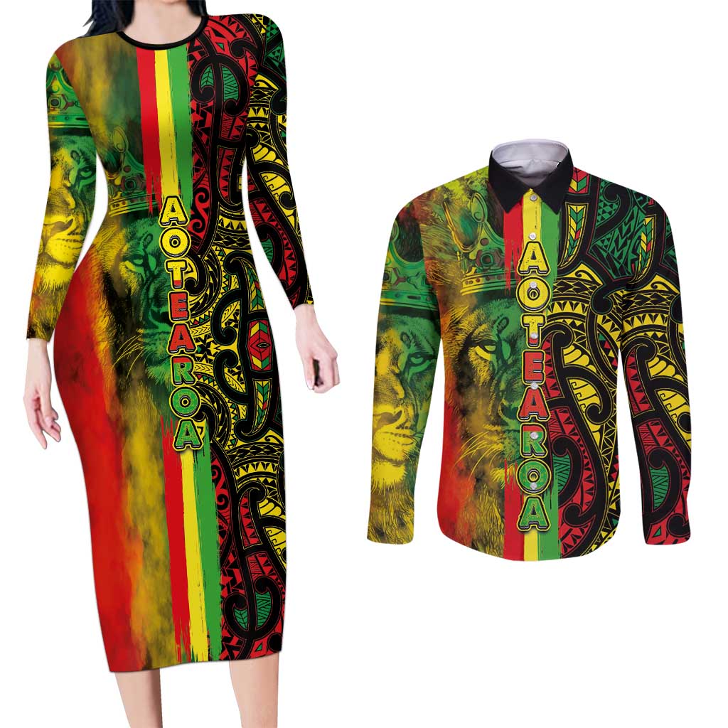 Aotearoa Reggae Couples Matching Long Sleeve Bodycon Dress and Long Sleeve Button Shirt Maori Reggae-One Love LT03 Reggae - Polynesian Pride