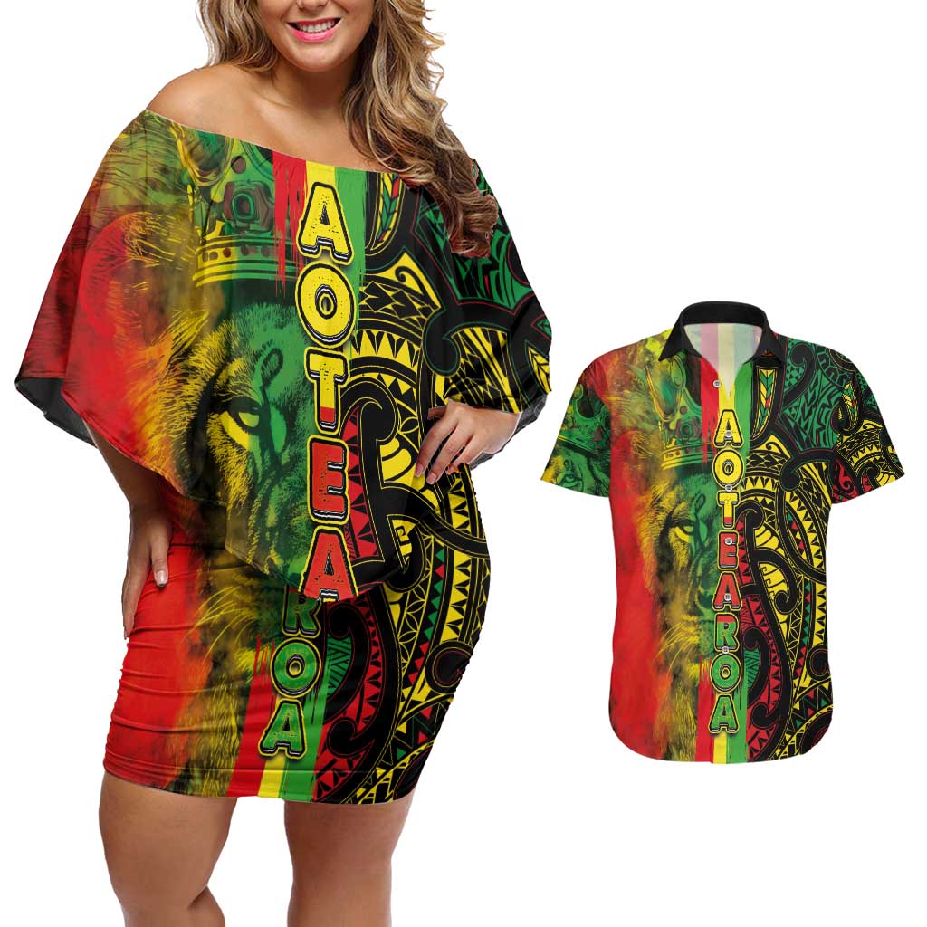 Aotearoa Reggae Couples Matching Off Shoulder Short Dress and Hawaiian Shirt Maori Reggae-One Love LT03 Reggae - Polynesian Pride