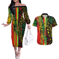 Aotearoa Reggae Couples Matching Off The Shoulder Long Sleeve Dress and Hawaiian Shirt Maori Reggae-One Love