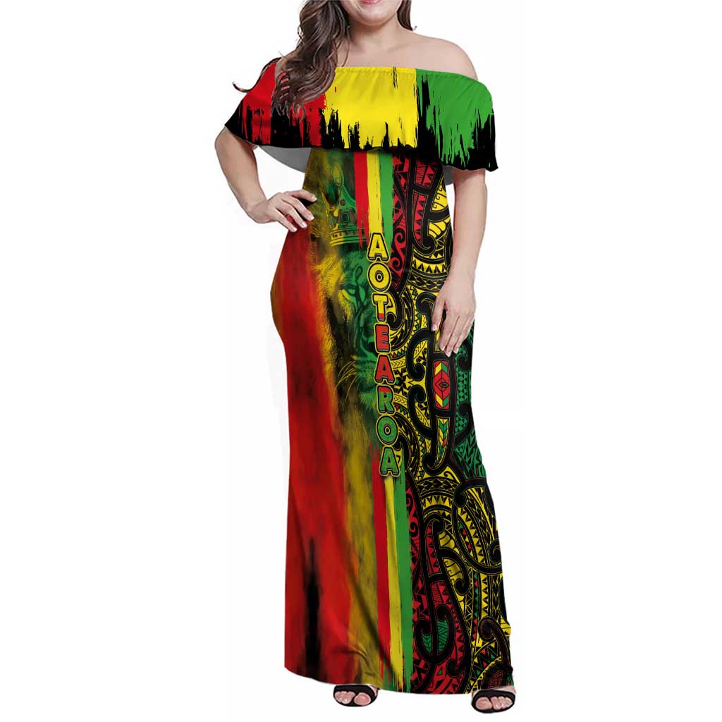 Aotearoa Reggae Family Matching Off Shoulder Maxi Dress and Hawaiian Shirt Maori Reggae-One Love LT03 Mom's Dress Reggae - Polynesian Pride