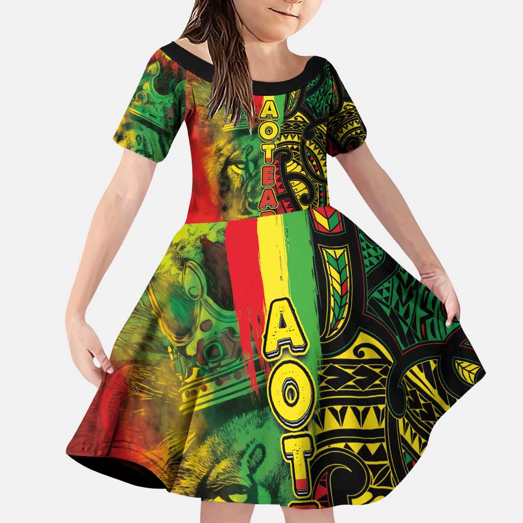 Aotearoa Reggae Family Matching Puletasi and Hawaiian Shirt Maori Reggae-One Love LT03 Daughter's Dress Reggae - Polynesian Pride