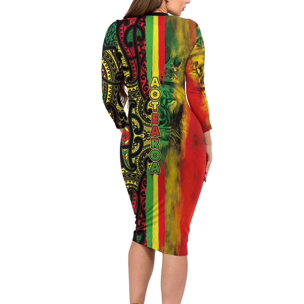 Aotearoa Reggae Long Sleeve Bodycon Dress Maori Reggae-One Love