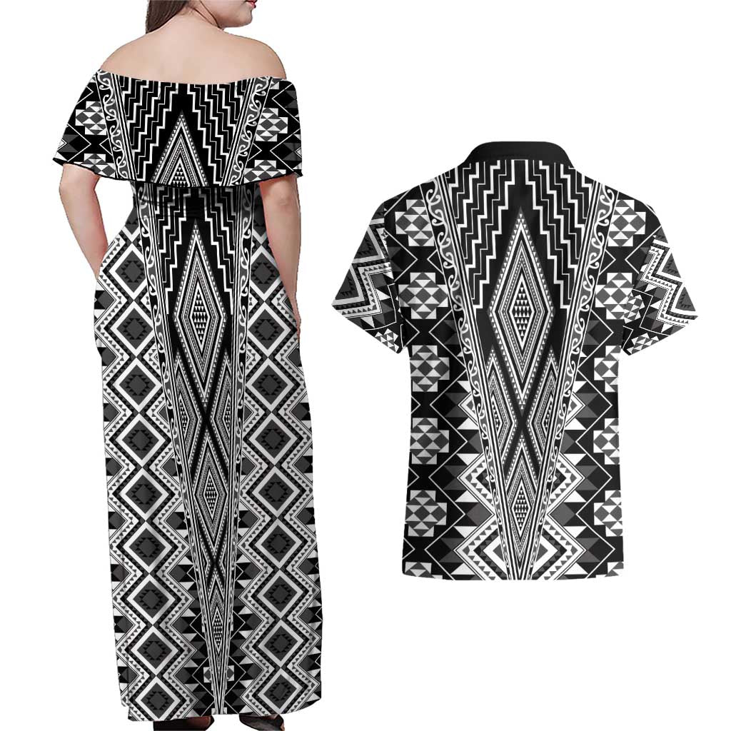 Aotearoa Tukutuku and Poutama Motif Classic Couples Matching Off Shoulder Maxi Dress and Hawaiian Shirt LT03 - Polynesian Pride