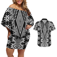 Aotearoa Tukutuku and Poutama Motif Classic Couples Matching Off Shoulder Short Dress and Hawaiian Shirt LT03 Gray - Polynesian Pride