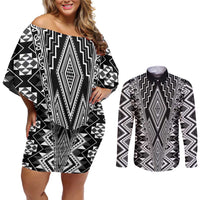 Aotearoa Tukutuku and Poutama Motif Classic Couples Matching Off Shoulder Short Dress and Long Sleeve Button Shirt LT03 Gray - Polynesian Pride