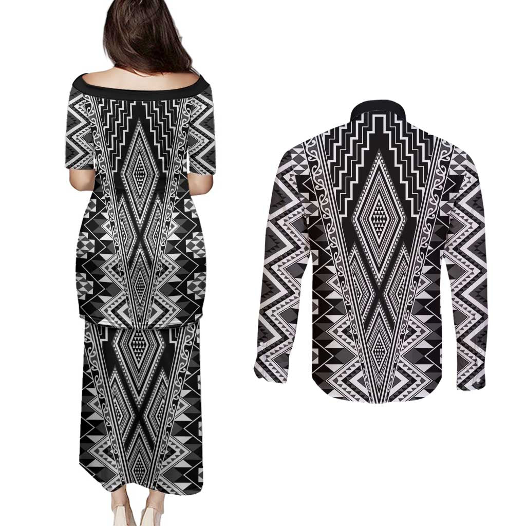 Aotearoa Tukutuku and Poutama Motif Classic Couples Matching Puletasi and Long Sleeve Button Shirt LT03 - Polynesian Pride