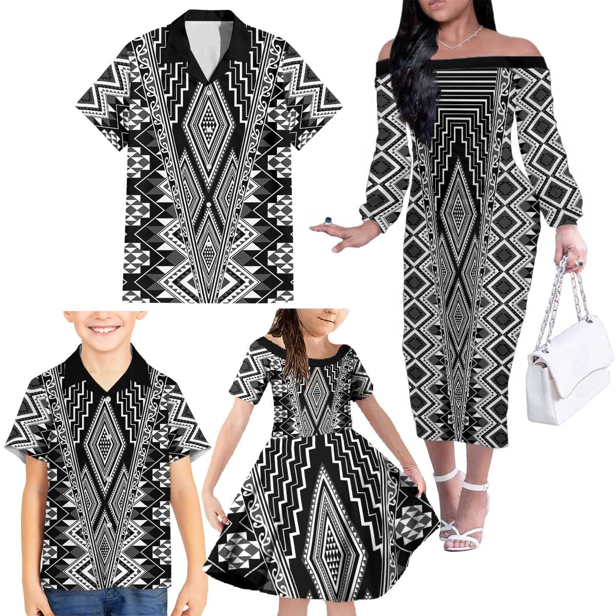 Aotearoa Tukutuku and Poutama Motif Classic Family Matching Off The Shoulder Long Sleeve Dress and Hawaiian Shirt