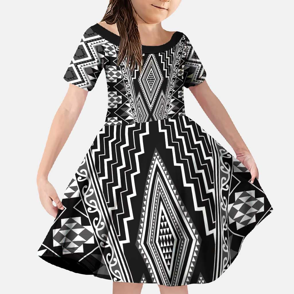 Aotearoa Tukutuku and Poutama Motif Classic Family Matching Off Shoulder Maxi Dress and Hawaiian Shirt LT03 Daughter's Dress Gray - Polynesian Pride