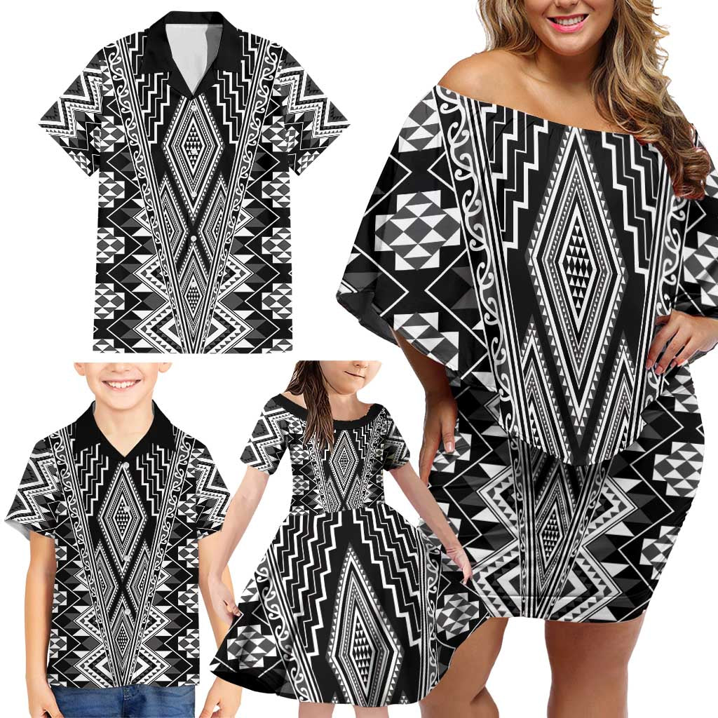 Aotearoa Tukutuku and Poutama Motif Classic Family Matching Off Shoulder Short Dress and Hawaiian Shirt LT03 - Polynesian Pride