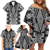 Aotearoa Tukutuku and Poutama Motif Classic Family Matching Off Shoulder Short Dress and Hawaiian Shirt LT03 - Polynesian Pride