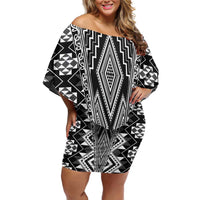 Aotearoa Tukutuku and Poutama Motif Classic Family Matching Off Shoulder Short Dress and Hawaiian Shirt LT03 Mom's Dress Gray - Polynesian Pride