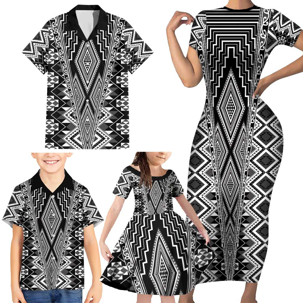 Aotearoa Tukutuku and Poutama Motif Classic Family Matching Short Sleeve Bodycon Dress and Hawaiian Shirt LT03 - Polynesian Pride