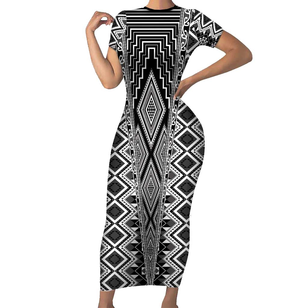 Aotearoa Tukutuku and Poutama Motif Classic Family Matching Short Sleeve Bodycon Dress and Hawaiian Shirt LT03 Mom's Dress Gray - Polynesian Pride