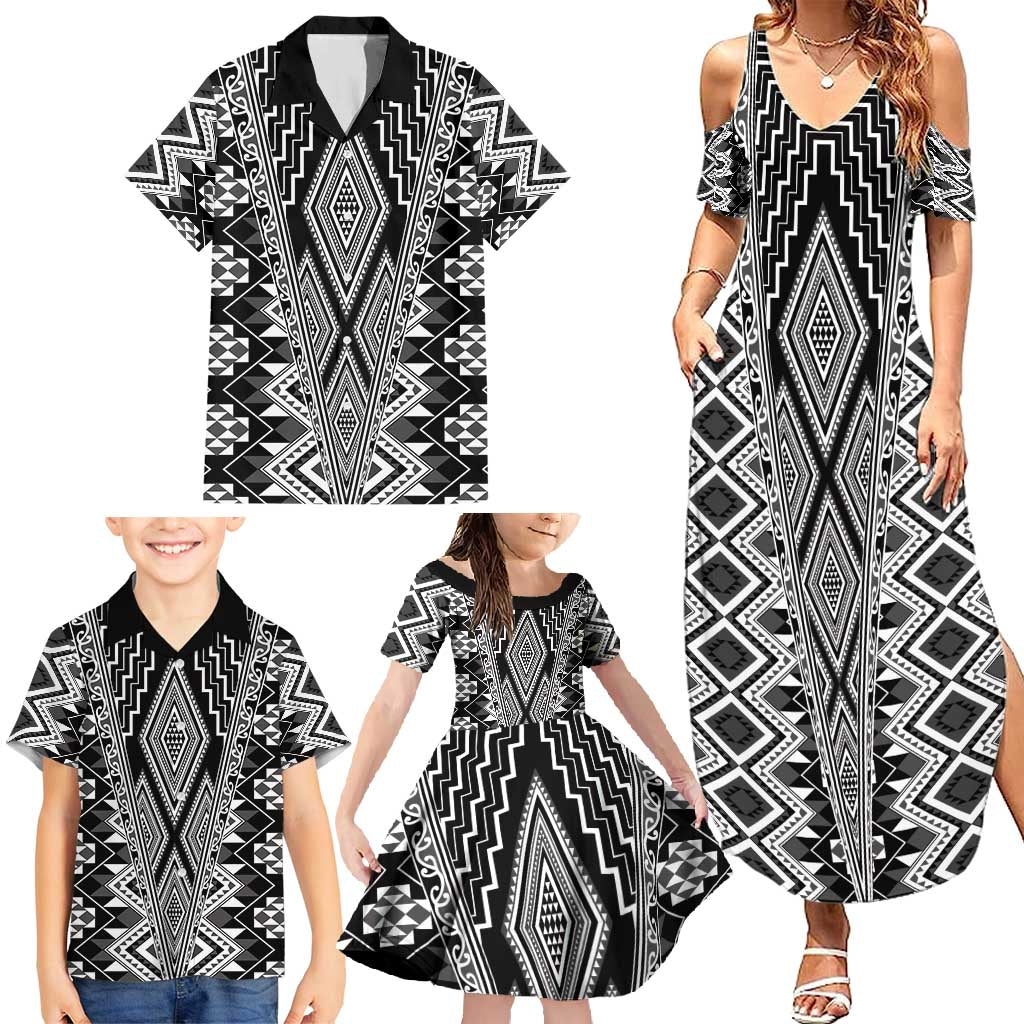 Aotearoa Tukutuku and Poutama Motif Classic Family Matching Summer Maxi Dress and Hawaiian Shirt LT03 - Polynesian Pride
