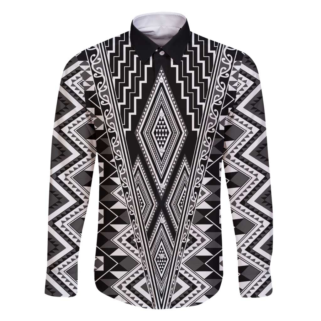 Aotearoa Tukutuku and Poutama Motif Classic Family Matching Summer Maxi Dress and Hawaiian Shirt LT03 Dad's Shirt - Long Sleeve Gray - Polynesian Pride