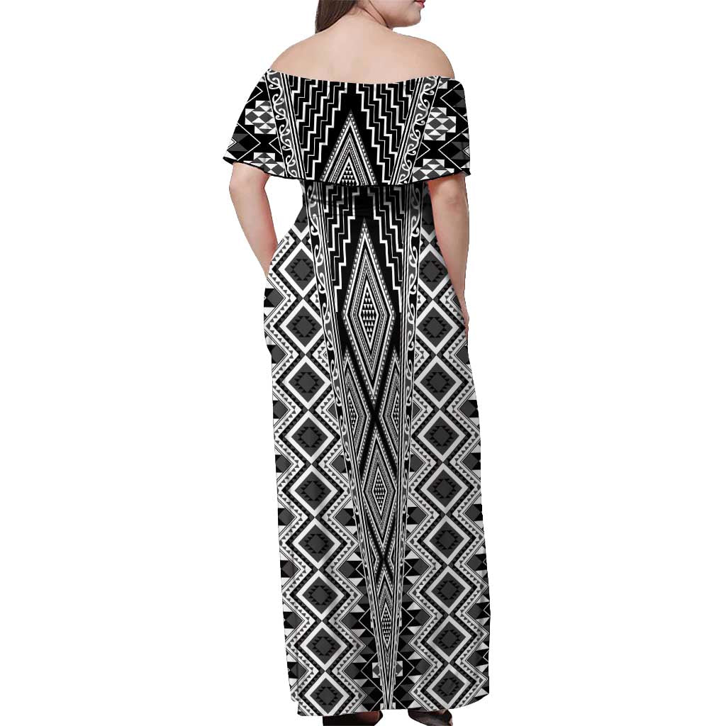 Aotearoa Tukutuku and Poutama Motif Classic Off Shoulder Maxi Dress