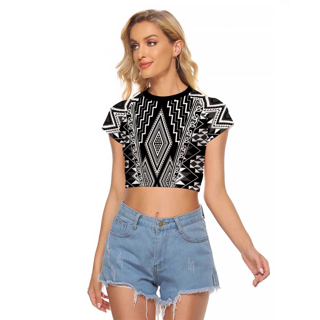 Aotearoa Tukutuku and Poutama Motif Classic Raglan Cropped T Shirt LT03 Female Gray - Polynesian Pride