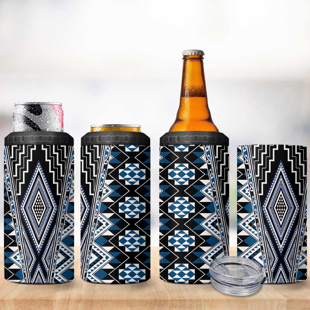 Blue Aotearoa Tukutuku and Poutama Motif 4 in 1 Can Cooler Tumbler LT03 - Polynesian Pride