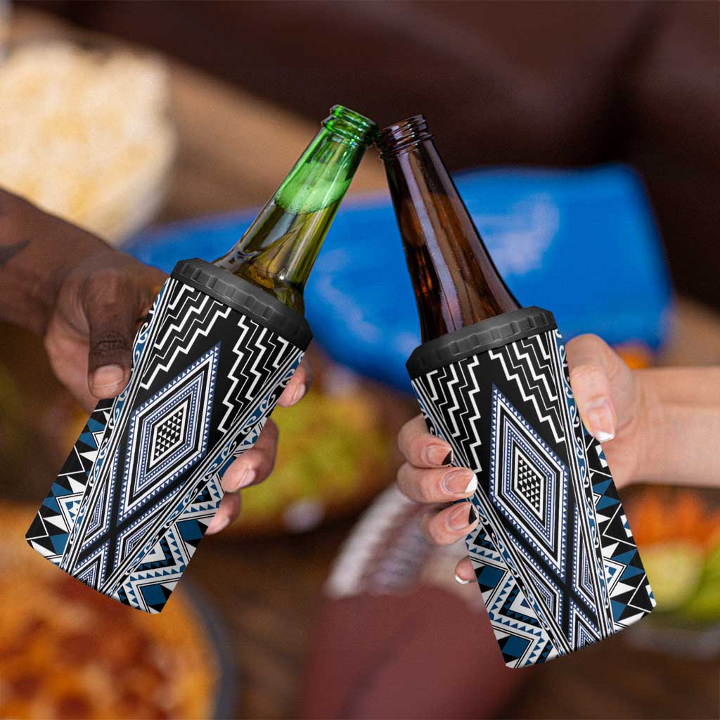 Blue Aotearoa Tukutuku and Poutama Motif 4 in 1 Can Cooler Tumbler LT03 - Polynesian Pride